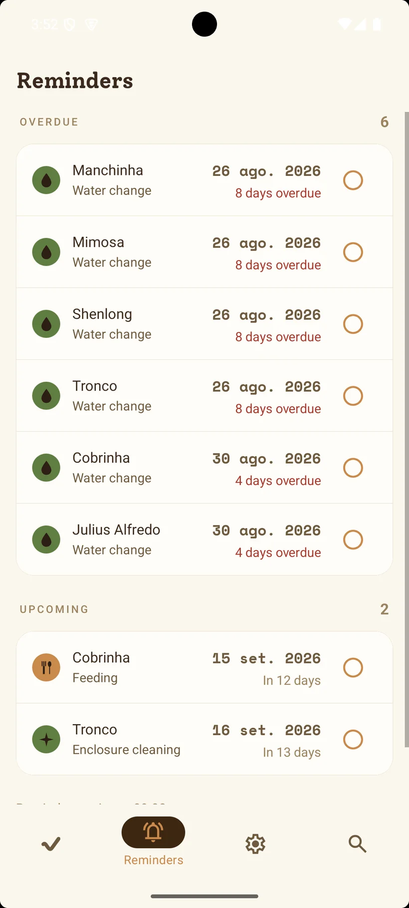 The Reminders screen listing upcoming water changes and an enclosure cleaning, each with its due date and a tick-off circle.