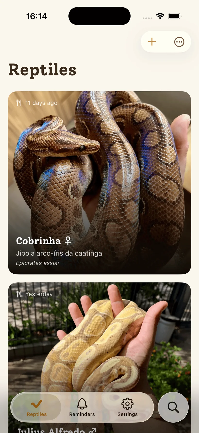 The Reptiles screen: a list of animals as full-bleed photographs, each captioned with its name, species and how long ago it was fed.