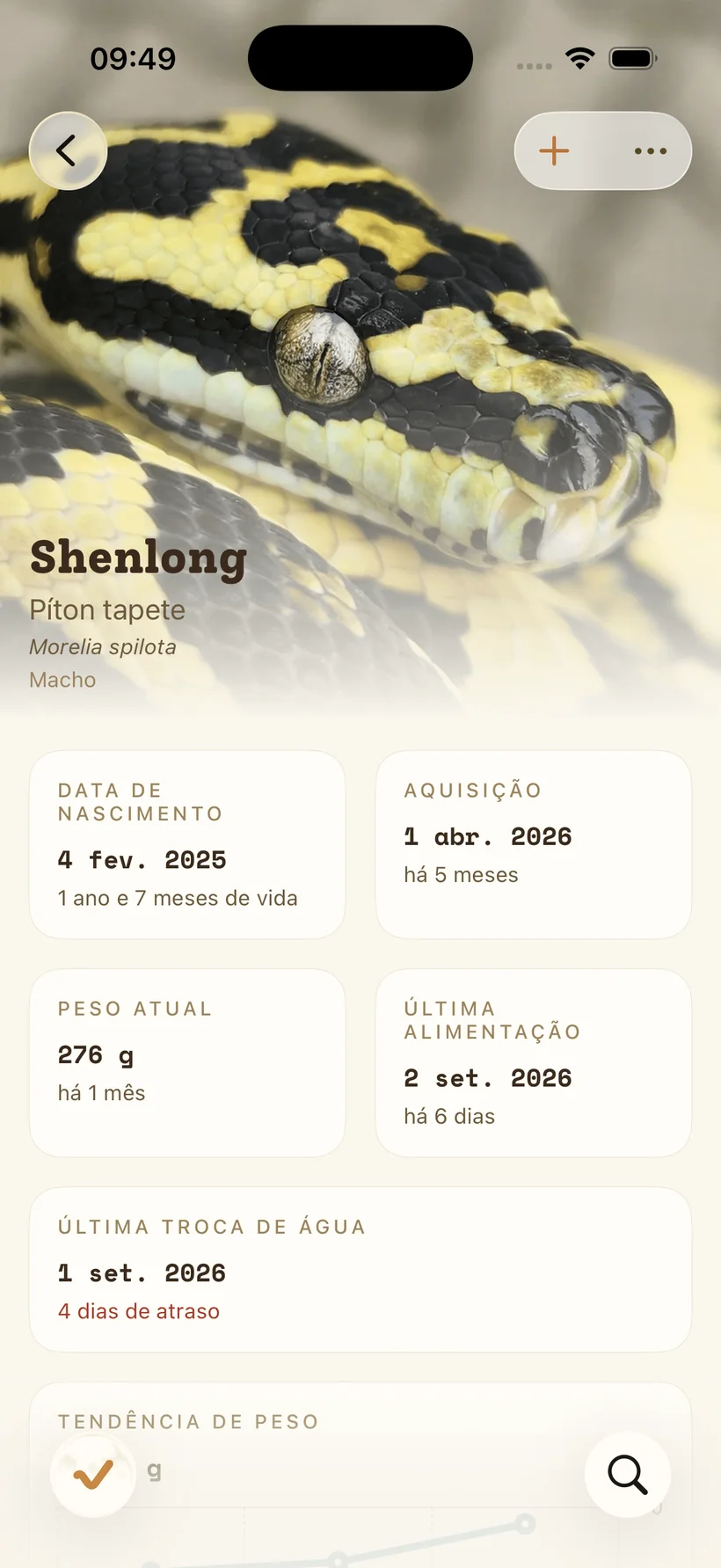 A tela de um animal: a fotografia de uma píton tapete ocupando o topo, com cartões de nascimento, aquisição, peso atual e última alimentação abaixo.