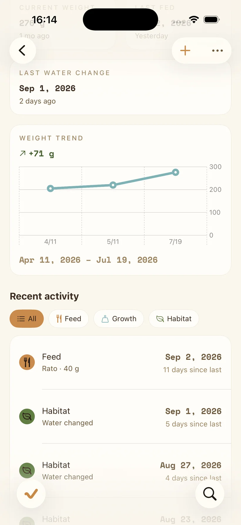 A weight trend chart showing a rise of 71 grams between April and July, above a filterable list of recent feed and habitat records.