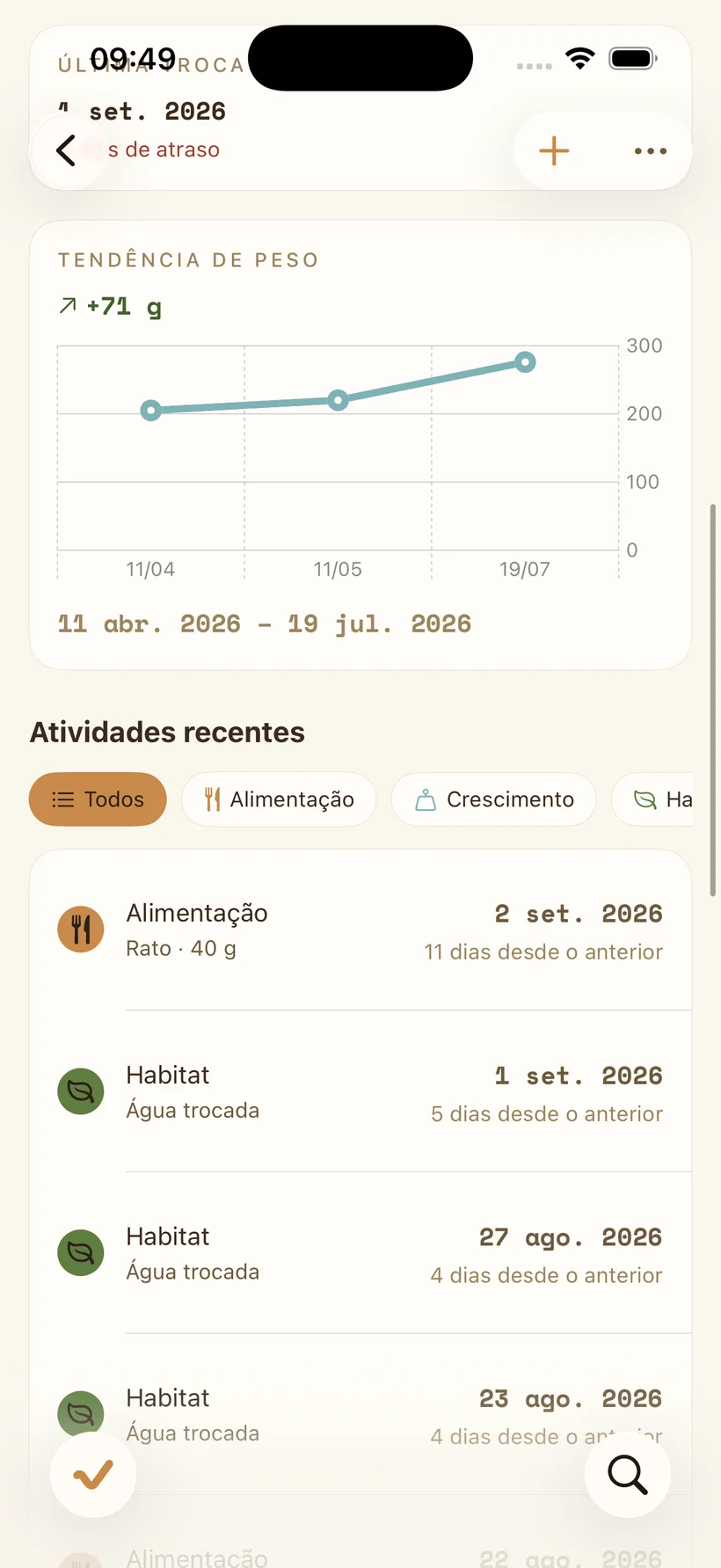 Um gráfico de tendência de peso mostrando alta de 71 gramas entre abril e julho, acima da lista filtrável de registros recentes.